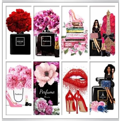 Fashion girl Paris perfume lipstick flower wall art diamond painting Nordic embroidery posters and mosaic prints wall pictures