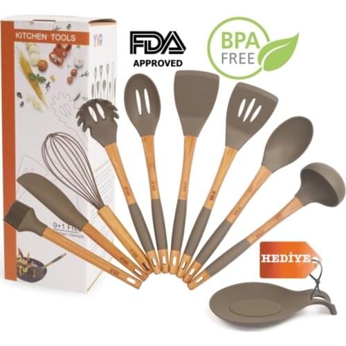 Bamboo Silicone Kitchen Service Set-10 piece Set And Gift The Spoon Holder