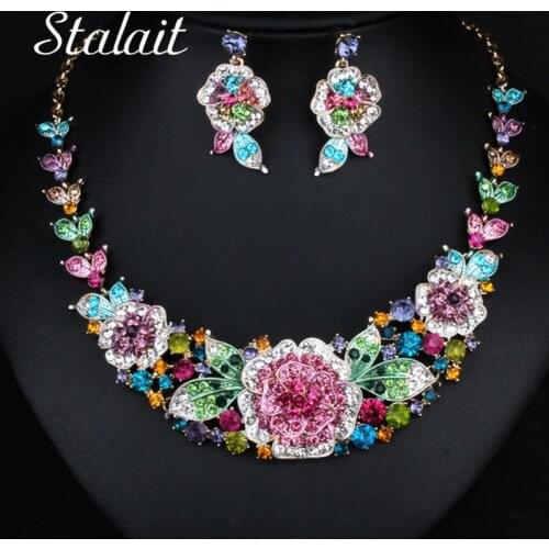New Fashion Flower Leaf Wedding Bridal Prom Full Rhinestone Necklace Earrings Jewelry Sets For Women Birthday Gifts