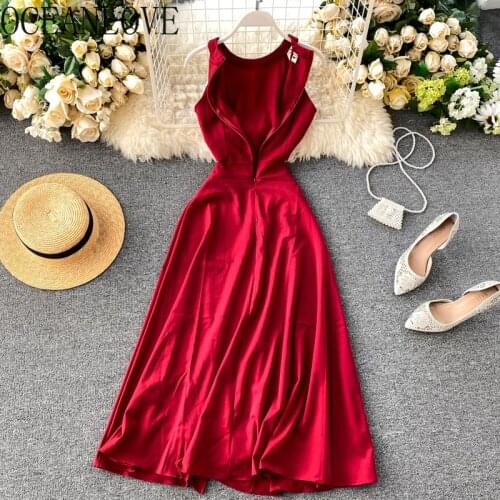 OCEANLOVE 2020 Summer Dress Halter Solid High Waist Fashion Elegant Vestidos A-line OL Elegant Zipper Dress Women 15654