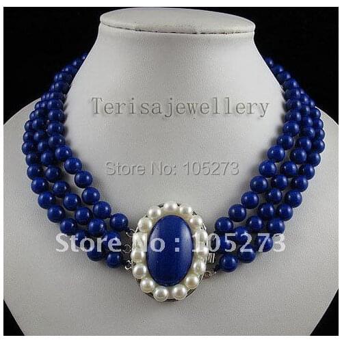 Stunning! 3rows blue lapis necklace lapis clasp fashion womans jewelry free shipping Wholesale A2525