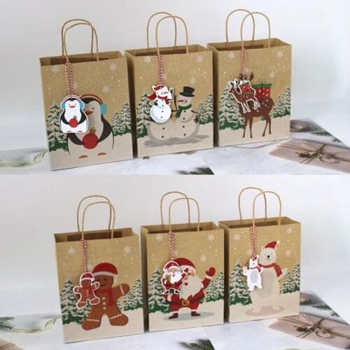 6Pcs Christmas Gift Bags Santa Kraft Paper Bag With Handle Christmas Decor