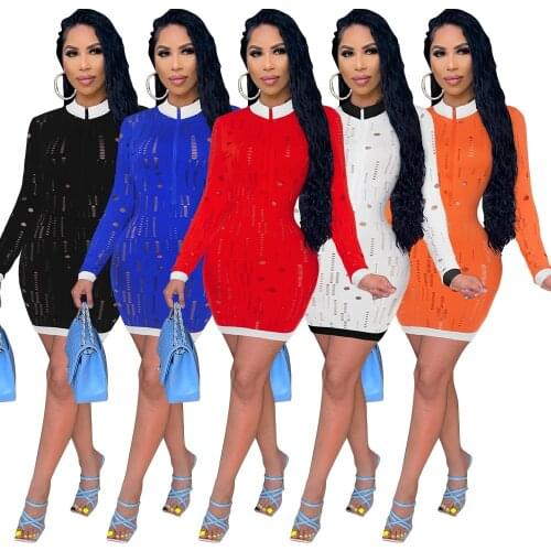 Sexy Hollow Out Bodycon Mini Women Dress Casual Patchwork Hole Zipper V Neck Long Sleeve Club wear Party Dress Robe Lounge