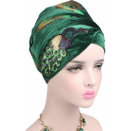 2020 Velvet Hijab Head Scarf For Women Sequins Peacock Turban Hat Muslim Headscarf Ladies African Wrap Head Scarves Turbante