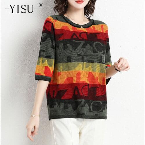 YISU Loose Women Casual Middle sleeve Sweater Pullover Tee Summer O-Neck Fashion Knitted pullover New Female Thin T-shirt