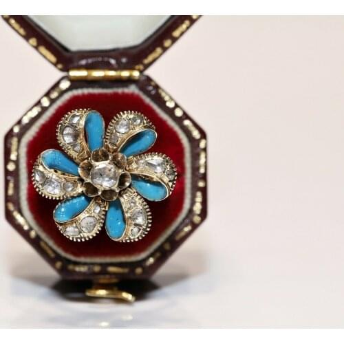 ANTİK OSMANLI 14K ALTIN ​​DOĞAL GÜL KESİM PIRLANTA VE EMAYE DESENLİ YÜZÜK