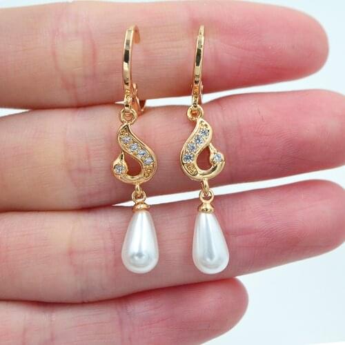 Fashion Jewelry Gold Color Clear Cubic Zirconia White Teardrop Pearl Dangle Earrings for Women