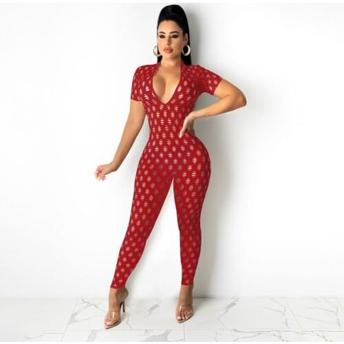 2021 Summer Casual Fashion Women Slimming Street Sexy Nightclub Tight Solid Color Tear V-neck Long Jumpsuit