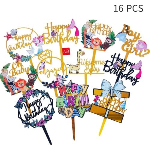 16pcs Acrylic Happy Birthday Cake Decoration Card Cake Topper Baking Cake Plugin Birthday Party Decorations