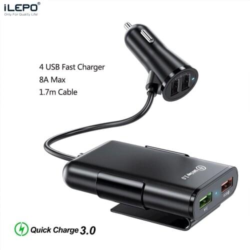 ILEPO 40W 4 USB Car Fast Charger qc3.0 Quick Charging For iPhone Xiaomi Mobile Phone Car Front Back Seat Charger With 1.7M Cable