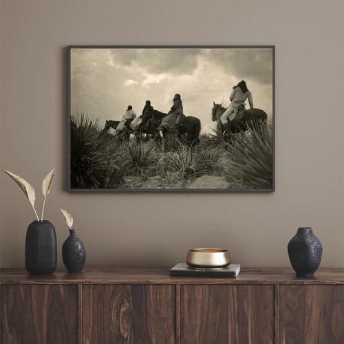 Four Apache on Horseback Under Storm Clouds Photo by Edward S. Curtis Vintage Classic Artwork Canvas Painting Prints Wall Decor