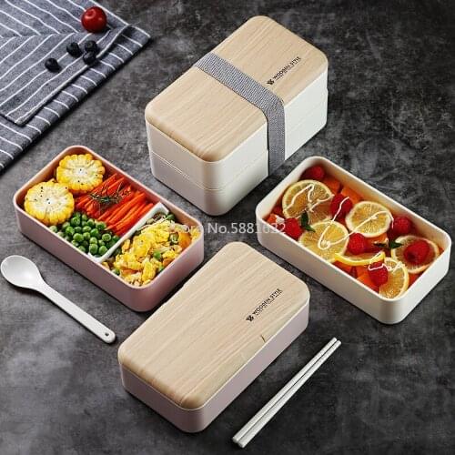Wooden feeling double-layer plastic lunch box ins with tableware compartment lunch box adult students can microwave lunch box