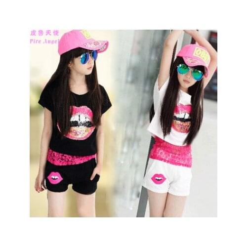 Kids girls summer 2020 new Short sleeves suit Big girls summer fashion Lace T-shirt + Cotton shorts Baby girls clothes 3-13 yrs