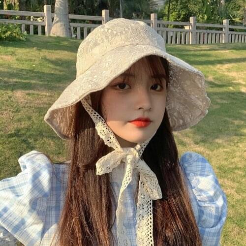 Women Lace Bucket Hat Floral Fisherman Hat Summer Beach Visor Adjustable Ribbon Wide Brim Cap