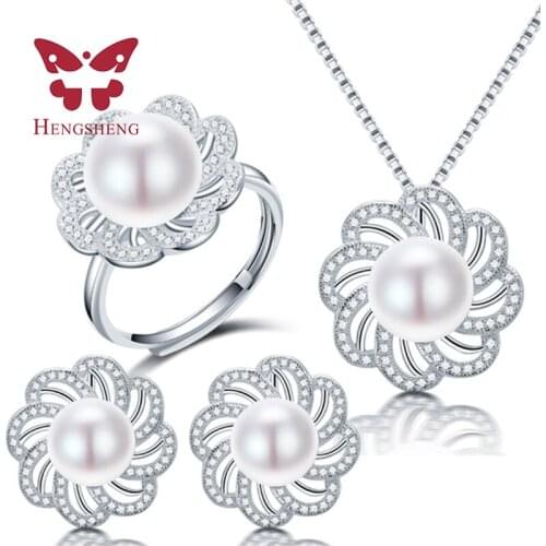 HENGSHENG New Jewelry Sets For Women, Fine 10-11mm Natural Freshwater Pearl Pendant Earring Rings Sets