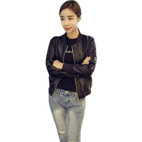 2019 Women Winter Jacket Slim Fit Outerwear Zipper Round Collar O Neck PU Leather Baseball Style Jacket Short Black Coat