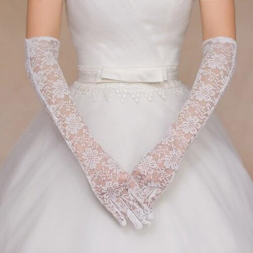 Summer Sun Protection Gloves White Red Long Wedding Gloves Bridal Glove Full Finger Ladies Bride Lace Gloves Wedding Accessories