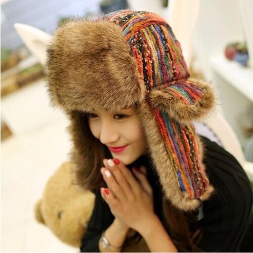 Fashion Colorful Winter Hat For Women Girls Bomber Hat Earflap Cap Cold Winter Thickening Warm Faux Fur Russian Trapper Hat