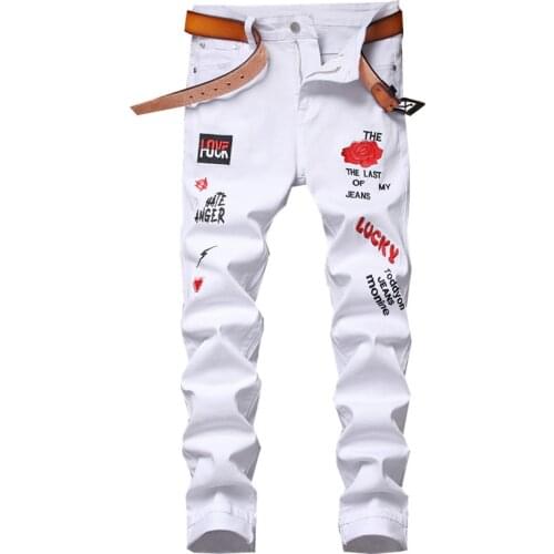 Mens Rose Letters Embroidery White Denim Jeans Trendy Streetwear Slim Stretch Pants Trousers