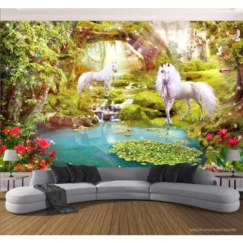 Custom Any Size Murals Wallpaper 3D White Horse Forest Landscape Photo Wall Cloth Living Room TV Sofa Papel De Parede 3D Sala