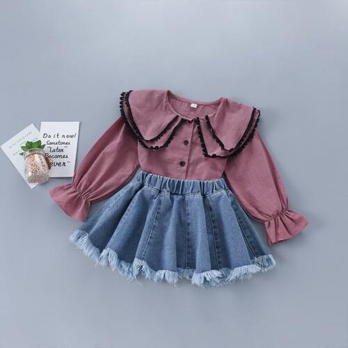 2-7 years high quality girl clothing set 2020 new autumn fashion red green solid shirt + denim skirt kid children clothing