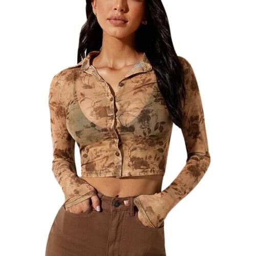 Sexy Women Sheer Button-down Shirt Adults Plant Print Long Sleeve Turn-down Collar Crop Tops