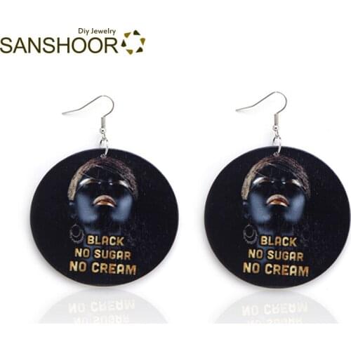 SANSHOOR Fashion Black Woman Printing BlACK NO SUGAR NO CREAM Wooden Dangle Earrings for Woman 1 Pair