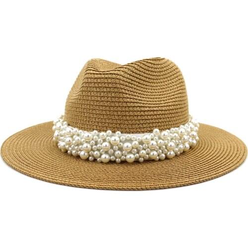 Outdoor Women Beach Sun Hat with Pearls Band Folding Visor Straw Hat Caps Summer Wide Brim Fedora Travel Gambler Hat Wholesale