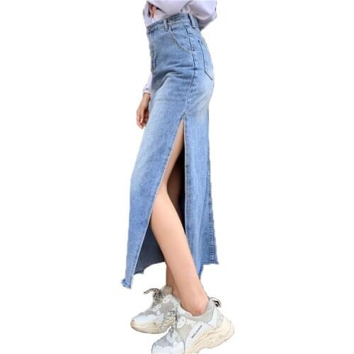 Stylish Summer Long Jeans Skirts Womens High Waist Side Split Denim Skirts Plus Size korean Maxi Skirt female jupe femme