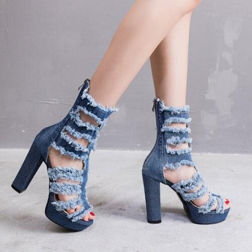 Women Hollow Out Summer Fashion Sandals Female Zip Denim Platform Style Pumps Womens Peep Toe Sexy Party New Shoes
