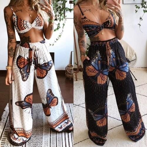 Ladies Summer Butterfly Print Casual Suit Sexy Beach Sling Bra Top + Loose Wide-leg Straight Trousers Two-piece Bohemian Style