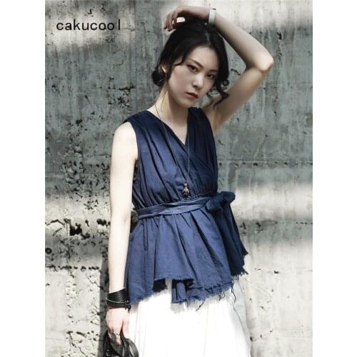 Cakucool New Tank Top Women Sleeveless Shirt Vintage Ripped Sashes Cotton Linen Camisole Gothic Slim Navy Blue Tanks Camis Femme