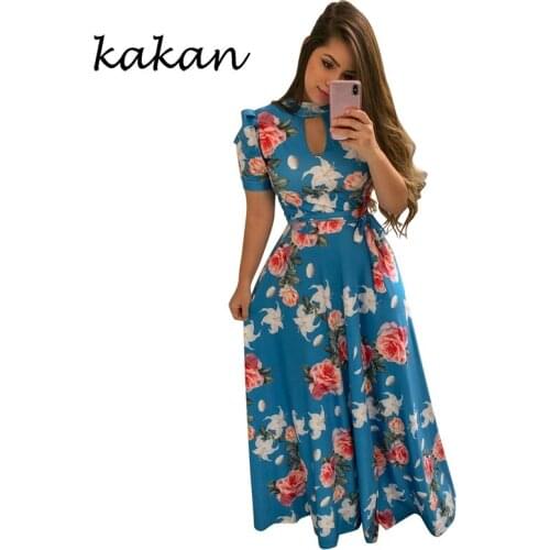 Kakan summer new womens loose dress sexy digital print beach dress XL S-5XL high collar short-sleeved dress