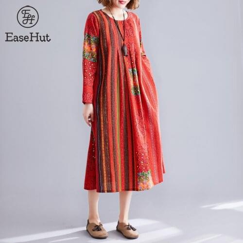 2021 Vintage Women Striped Bohemian Dress Casual Linen Cotton O-Neck Long Sleeve Pocket Loose Fit Midi Dresses Vestidos De Festa