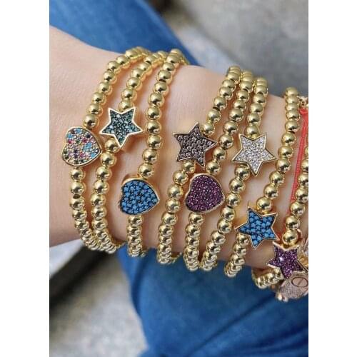 5Pcs, Romantic Colorful CZ Heart Star Bracelets Copper Fashion Handmade Jewelry Beaded Bracelets For Women Best Wedding Gift