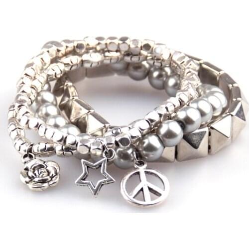 Free Shipping 4 row hyramid square beads pearl Glass Beads bracelet with rose flower,peace,pentacle charm Women gift bracelet