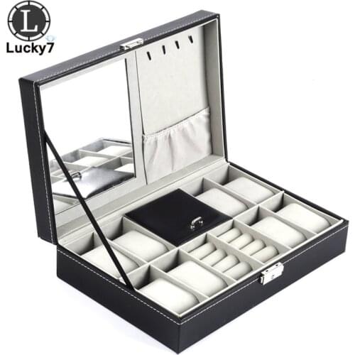 8 Digits Watch Case and 2 Ring Box For Jewelry Box Leather Glass Mirror Custom PU Leathertte Jewelry Storage Box Organizer
