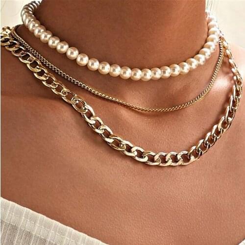 Bohemian Multi-layer Pearl Chain Choker Necklace for Women Vintage Gold Thick Chain Short Necklace Jewelry Party Gift