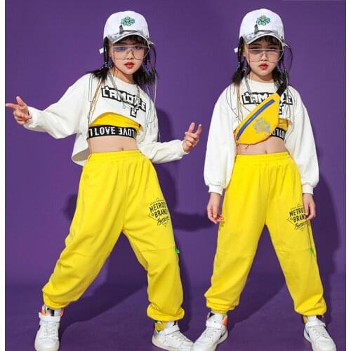 Hip-Hop Dance Costumes For Kids Girls White Long Sleeve Top Yellow Hiphop Pants Jazz Performance Dance Wear Rave Clothes DQS6302