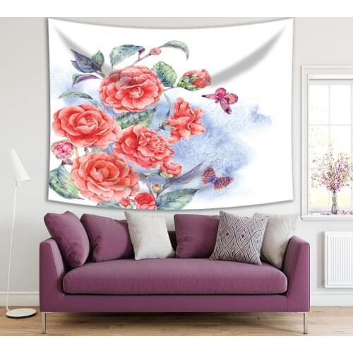 Tapestry Bouquet with Roses Flowers and Butterflies Nature Vintage Garden Watercolor Art Pink Green Blue