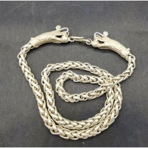 China archaize White copper double dragon head necklace