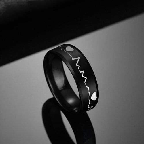 Hot Sale Fashion Jewelry 8MM Black Heartbeat Rings Haert Ring Stainless Steel Punk Vintage Rings For Women Men Coulple Cool Gift