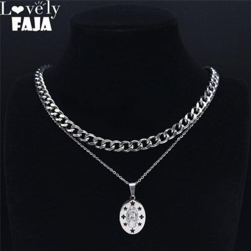 2PCS Christian Jesus Stainless Steel Layer Necklaces Women Silver Color Oval Chain Necklace Jewelry collier ras le cou N4865S03