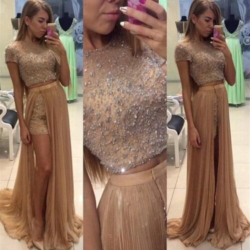2016 New Fashion Two Piece Prom Dress Slit Special Occasion Dress O-Neck Short Sleeves Beading Party Formal Gown
