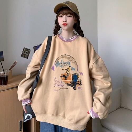 2021 autumn new round neck thin section sweatshirt retro printing long-sleeved loose casual top hoody women