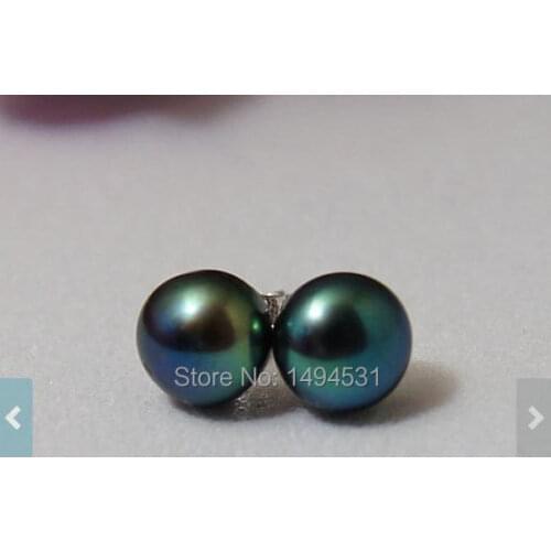 Wholesale Pearl Jewelry 8MM Peacock Green Genuine Freshwater Pearl Stud Earring Sterling Silvers Earring,Bridesmaid Wedding Gift