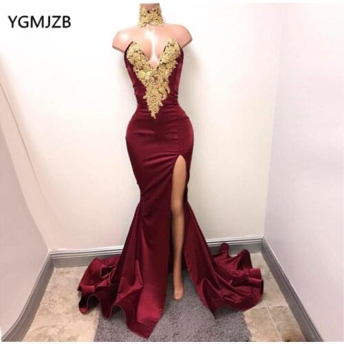 Burgundy Sexy Black Girl Prom Dresses Long Mermaid 2020 V Neck Gold Lace Slit Formal Evening Gown Plus Size Graduation Dress