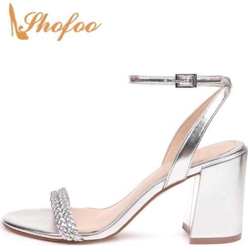 Basic Sandals Woman Silver Solid Buckle Strap High Square Heels Female Fashion Back Strap Casual Mature Footwear Plus Size 13 16