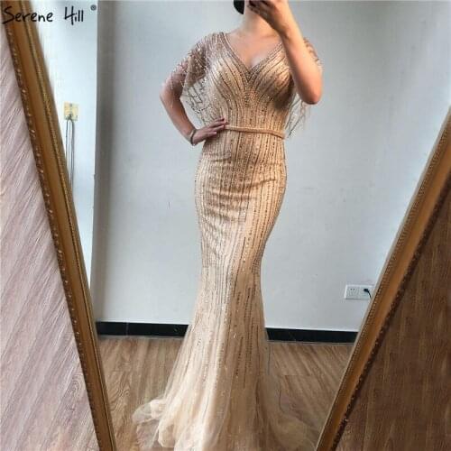 Serene Hill Champagne Dubai Luxury Half Sleeves Evening Dress 2021 Mermaid Beadings Crystal Formal Party Wear Gown CLA70163
