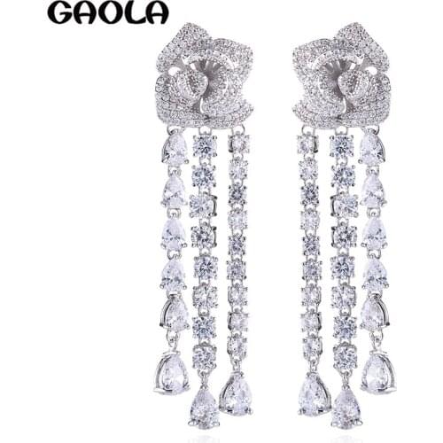GAOLA New White Gold Color Rose Flower Clear Cubic Zirconia Dangle Earrings for Woman GLE6889